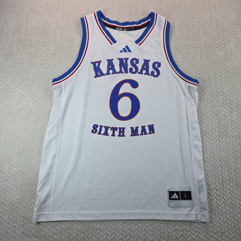 Adidas Kansas Jayhawks Sixth Man Band Basketball Jersey White Mens Large 6